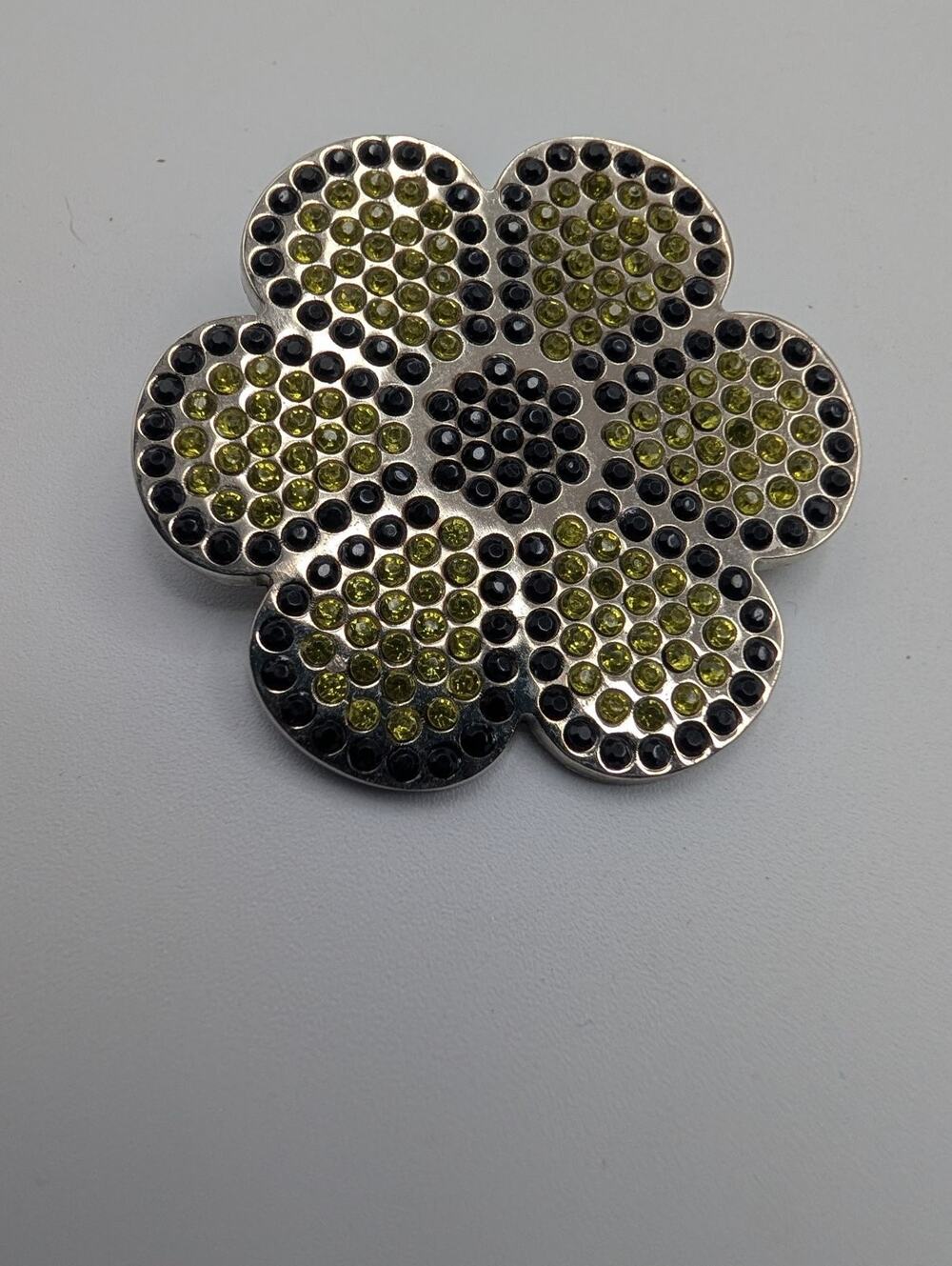Spirit Products Ltd. Flower Brooch Pin Silver Tone Green Black Rhinestones READ